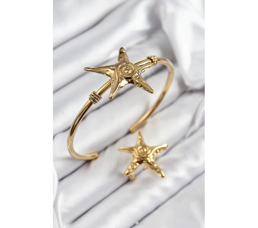 Pirinç Deniz Yıldızı Model Gold Renk Bileklik Yüzük Set