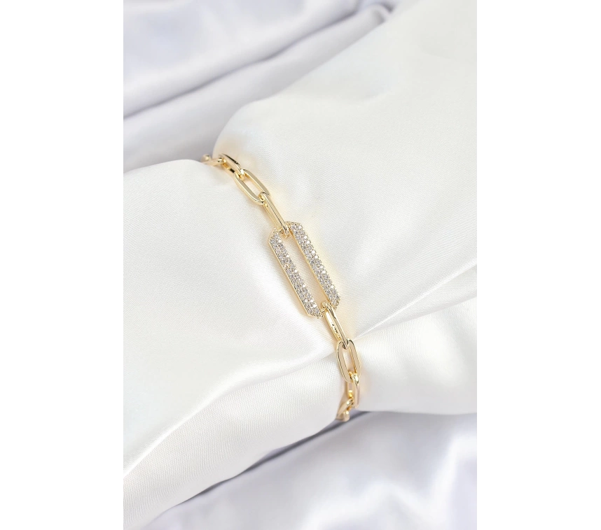 Pirinç  Dikdörtgen Model Zirkon Taşlı Gold Renk VİP Seri Kadın Bileklik