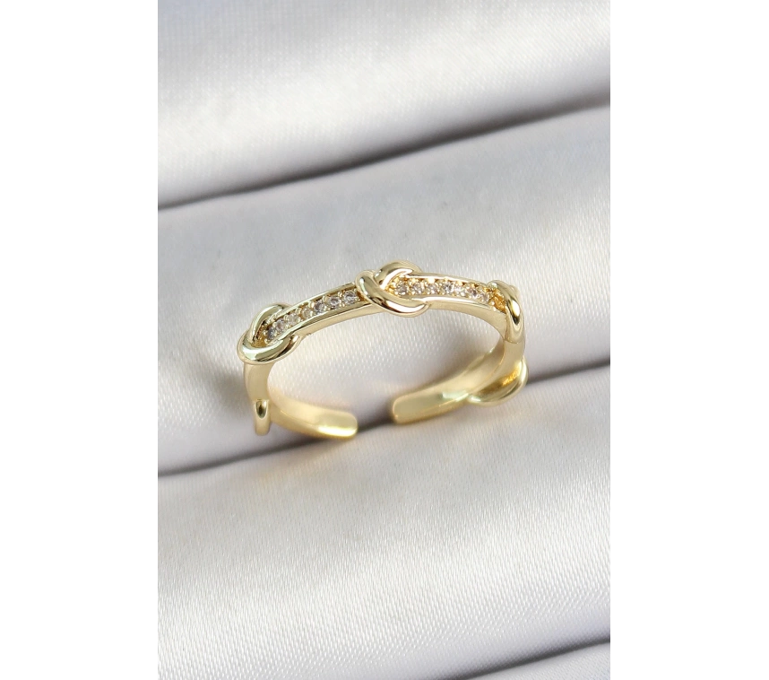 Pirinç Düğüm Figürlü Zirkon Taşlı Gold Renk Ayarlanabilir Kadın Yüzük