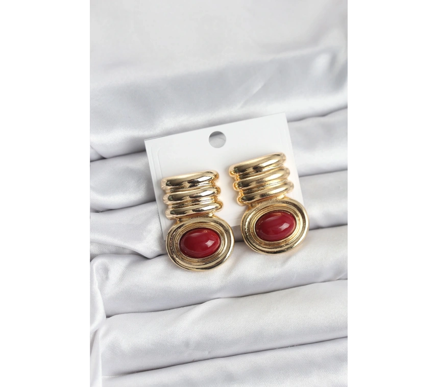 Pirinç Gold Bordo Renk Vintage Kadın Küpe