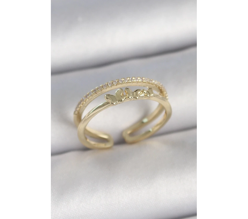 Pirinç Gold Renk 2Li Sıra Zirkon Taş Detaylı Kelebek Figürlü Ayarlanabilir Model Kadın Yüzük