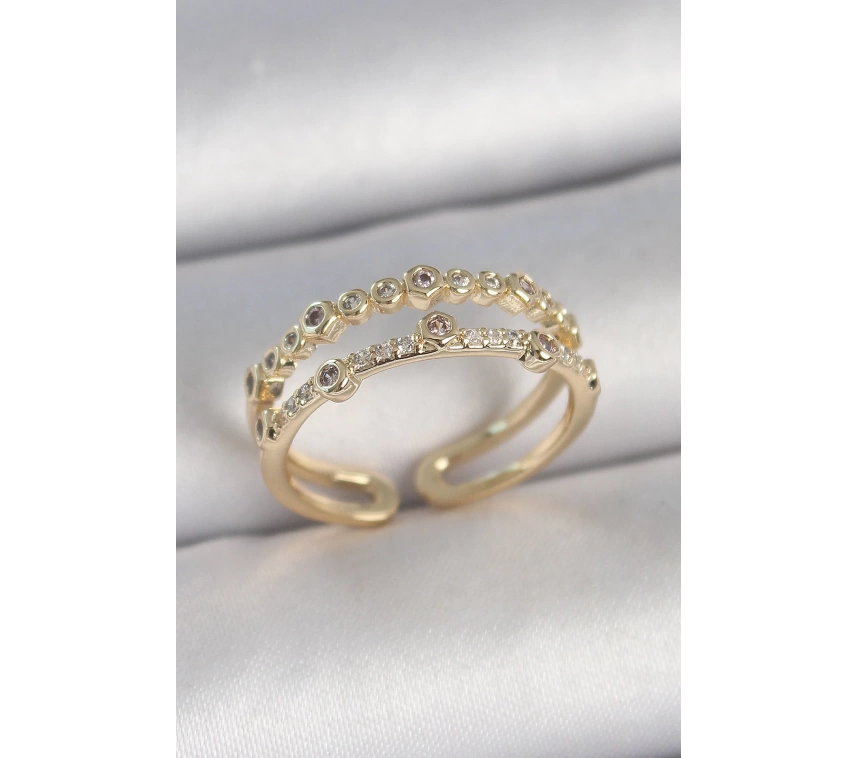 Pirinç Gold Renk 2Li Sıralı Zirkon Taşlı Ayarlanabilir Model Kadın Yüzük