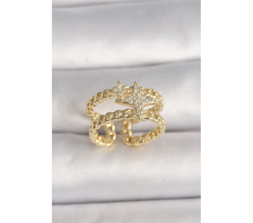 Pirinç Gold Renk 2Li Zincir Zirkon Taşlı Yıldız Figür Kadın Yüzük