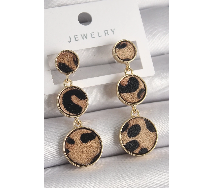 Pirinç Gold Renk 3Lü Leopar Desenli Sallantı Daire Plaka Model Kadın Küpe