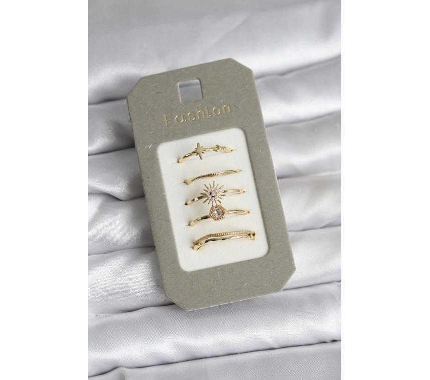 Pirinç Gold Renk 5li Yüzük Seti