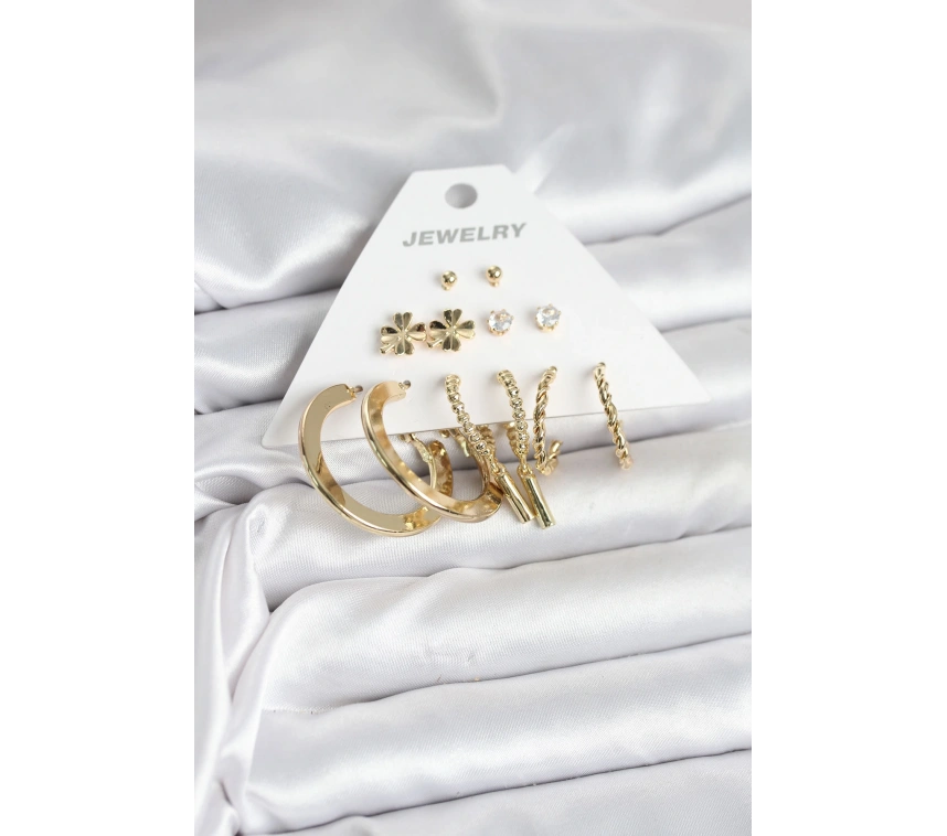 Pirinç Gold Renk 6 Çift Kadın Küpe Seti