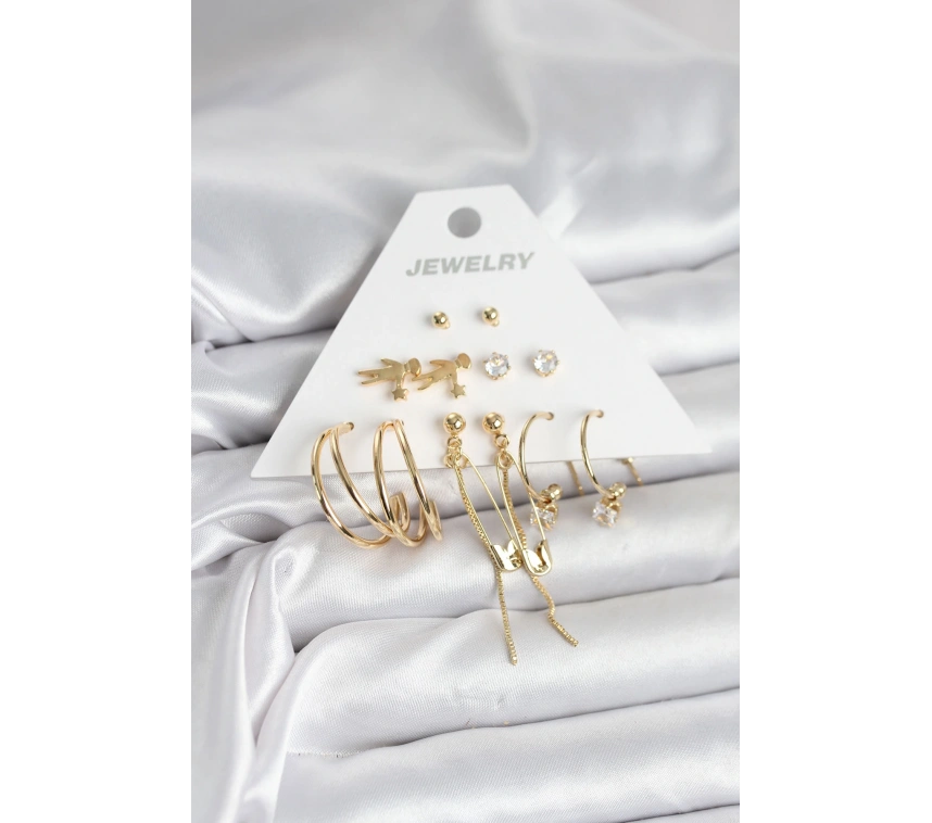 Pirinç Gold Renk 6 Çiftli Kadın Küpe Seti