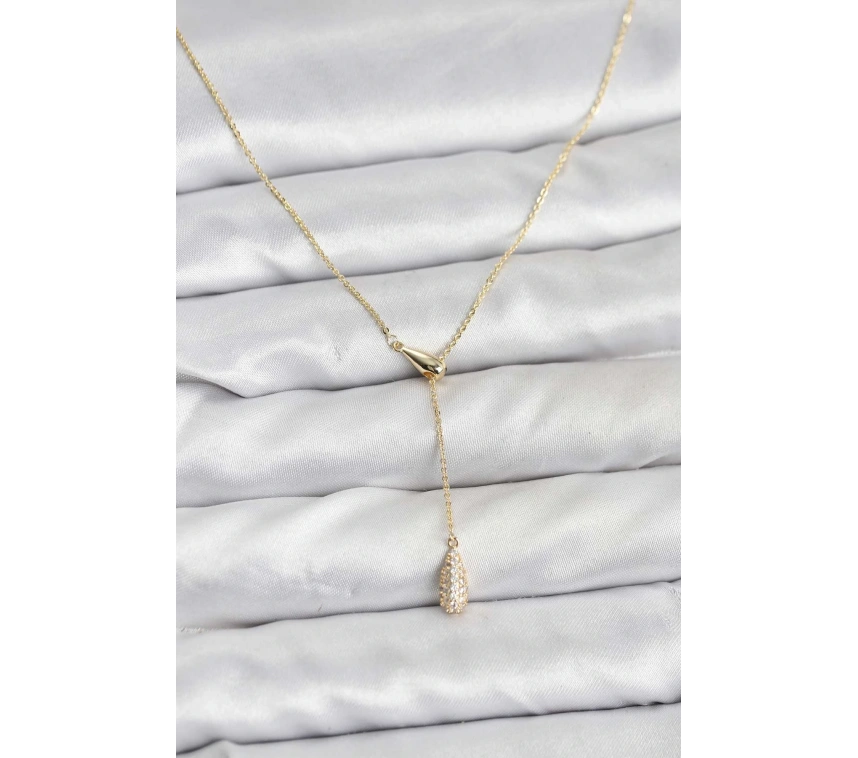 Pirinç Gold Renk Asansörlü Damla Model Kadın Kolye