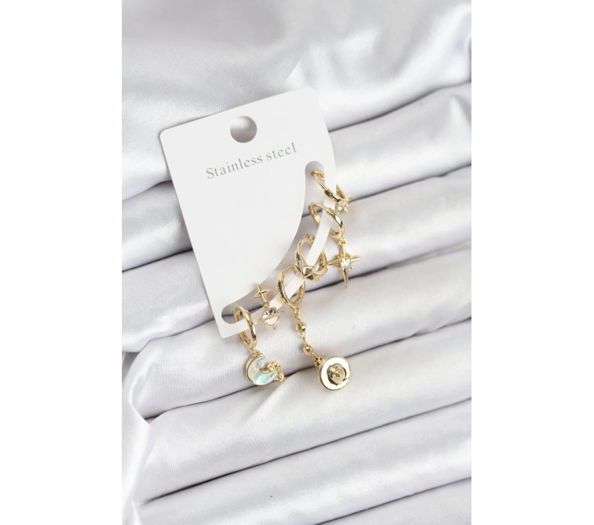 Pirinç Gold Renk Ay Model Kadın Set Küpe