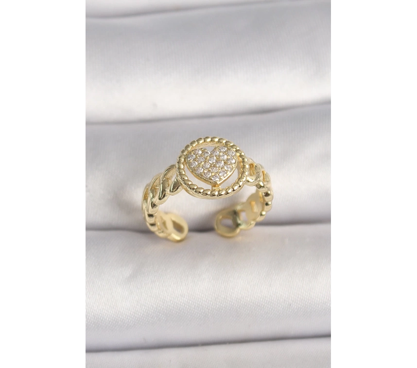 Pirinç Gold Renk Ayarlanabilir Zirkon Taşlı Kalp Model Kadın Yüzük