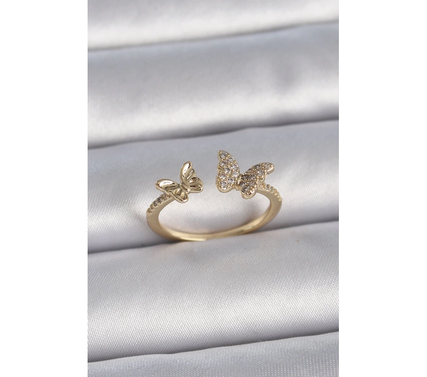 Pirinç Gold Renk Ayarlanabilir Zirkon Taşlı Kelebek Model Kadın Yüzük