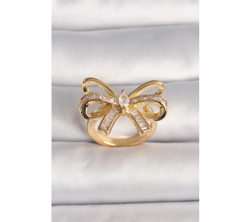 Pirinç Gold Renk Ayarlanabilir Zirkon Taşlı Kurdele Model Kadın Yüzük