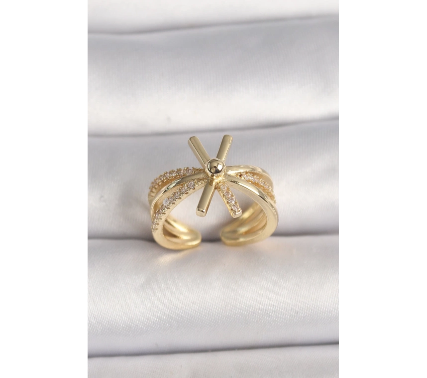 Pirinç Gold Renk Ayarlanabilir Ziron Taşlı Kadın Yüzük