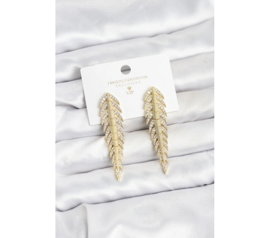 Pirinç Gold Renk Balık Sırtı Model Zirkon Taşlı Kadın Küpe