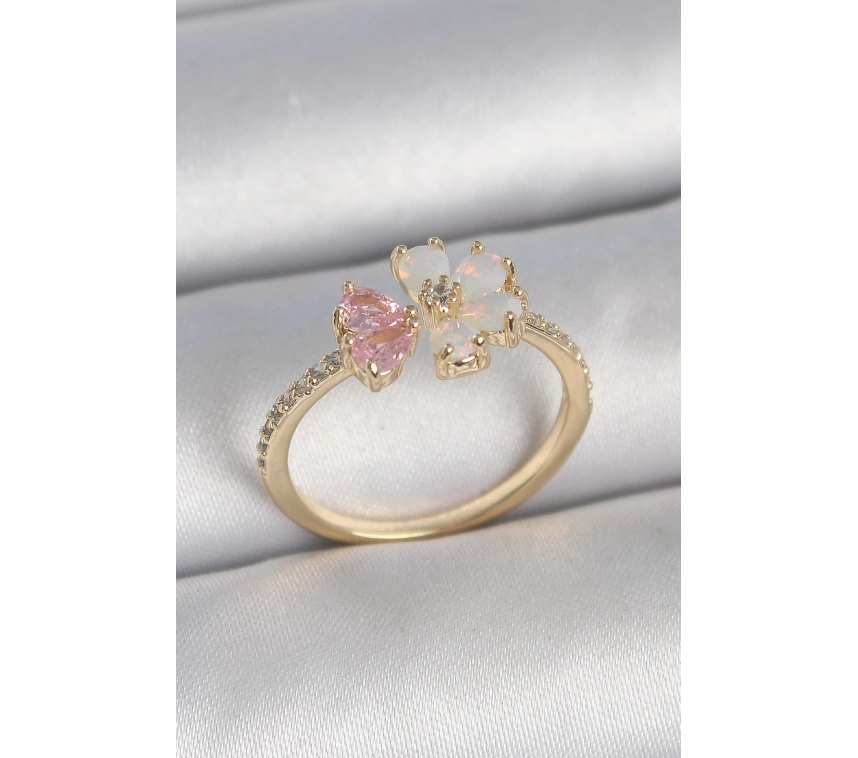 Pirinç Gold Renk Beyaz Mineli Pembe Zirkon Taşlı Çiçek Model Kadın Yüzük