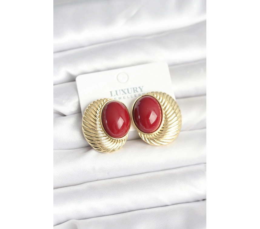 Pirinç Gold Renk Bordo Boncuklu Oval Vintage Kadın Küpe
