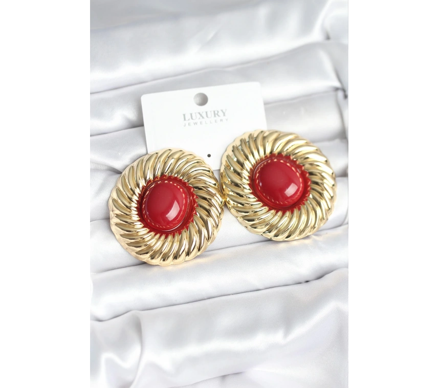 Pirinç Gold Renk Bordo Boncuklu Vintage Kadın Küpe