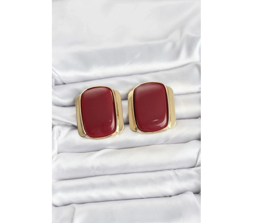 Pirinç Gold Renk Bordo Plaka Vintage Kadın Küpe