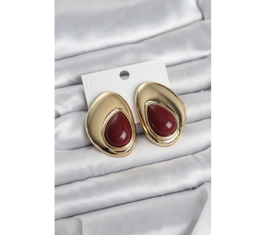 Pirinç Gold Renk Bordo Taşlı Damla Model Vintage Kadın Küpe