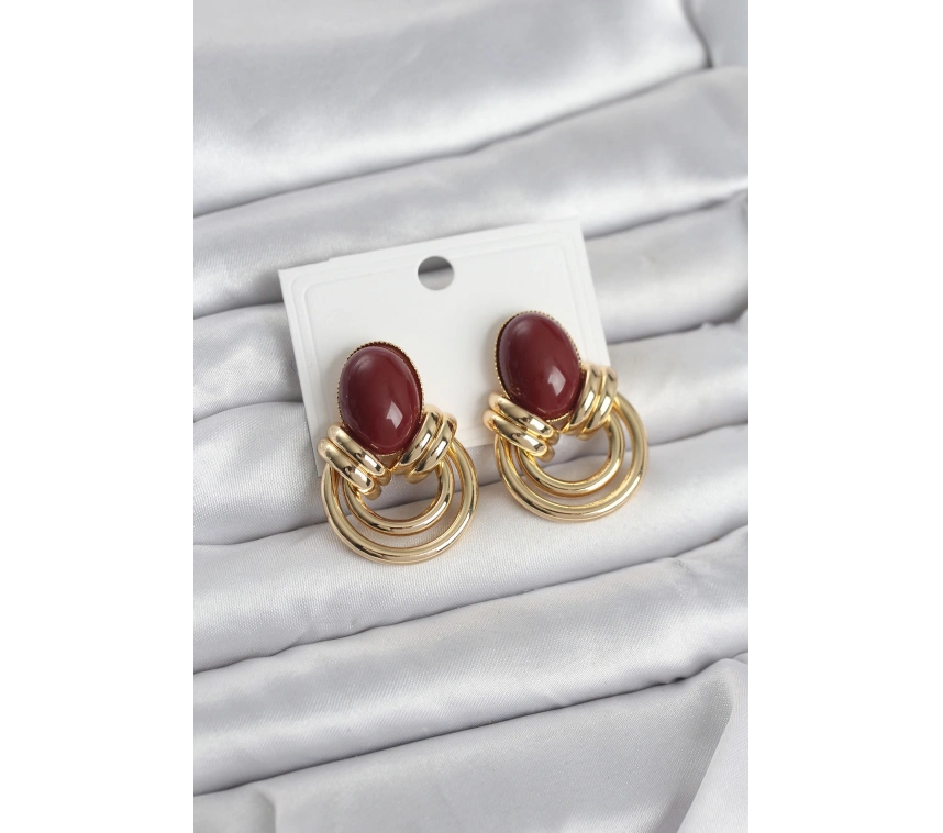 Pirinç Gold Renk Bordo Taşlı Vintage Kadın Küpe