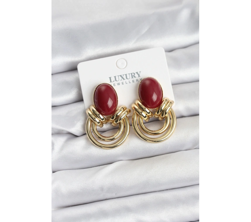 Pirinç Gold Renk Bordo Taşlı Vintage Kadın Küpe