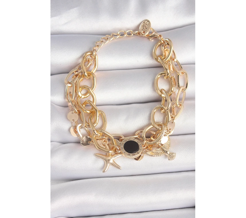 Pirinç Gold Renk Çoklu Zincir Model Deniz Yıldız Figür Kadın Bileklik