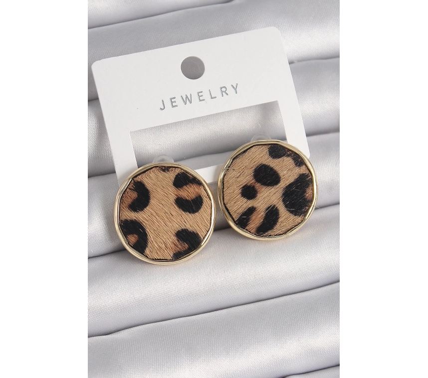 Pirinç Gold Renk Daire Plaka Model Leopar Desenli Kadın Küpe