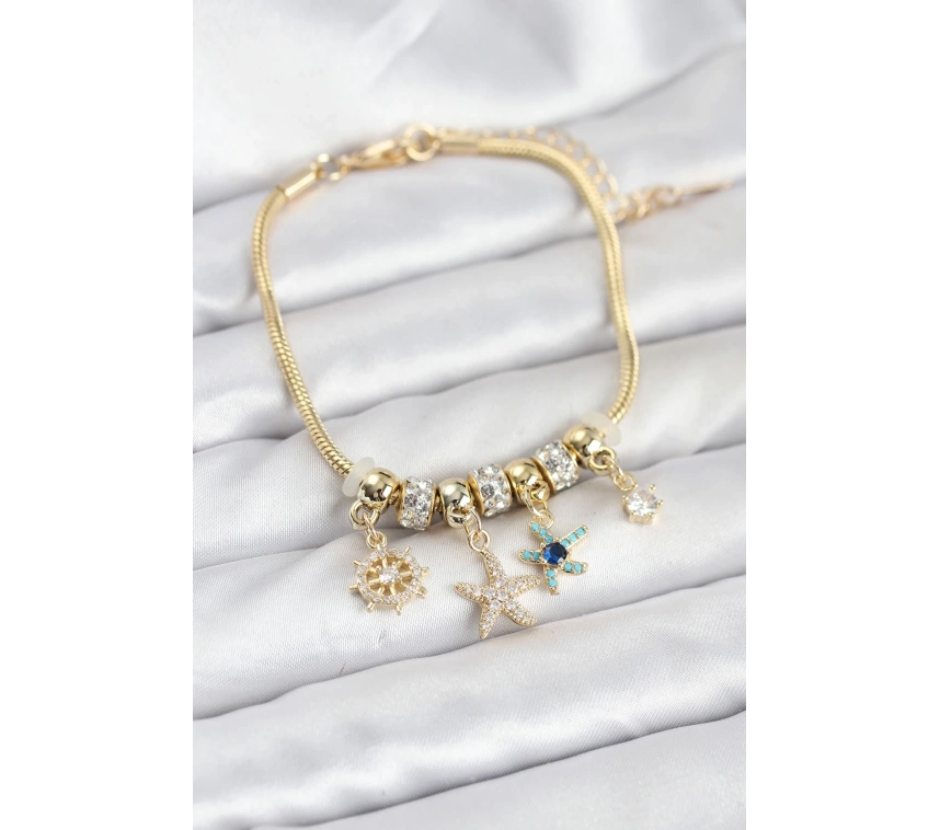 Pirinç Gold Renk Deniz Tema Charmlı Kadın Bileklik