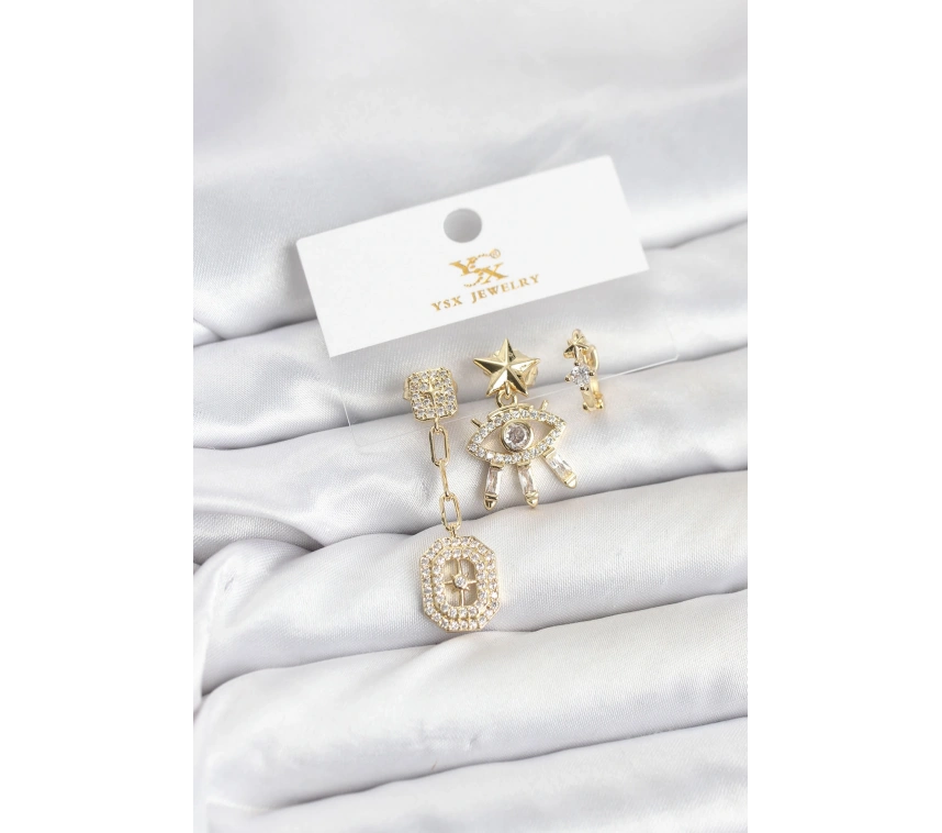 Pirinç Gold Renk Göz ve Kutup Yıldızı Model YSX Trio Küpe Seti