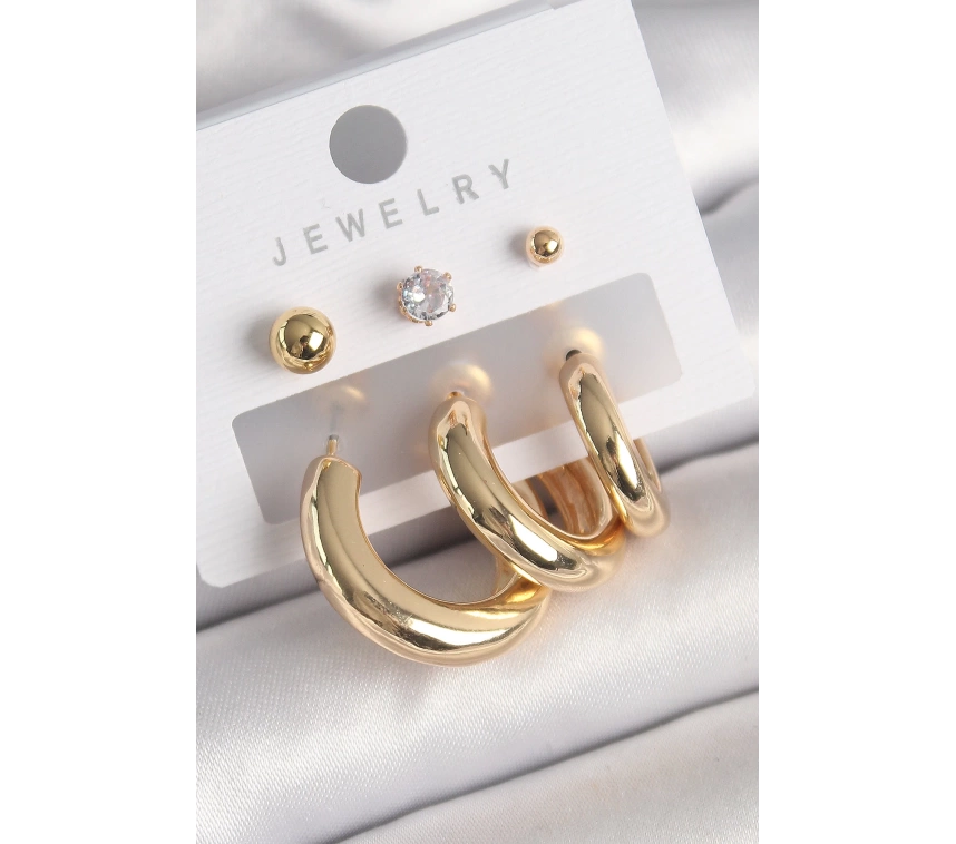 Pirinç Gold Renk Halka Model Zirkon Taşlı Topçuk Detay Kadın Küpe
