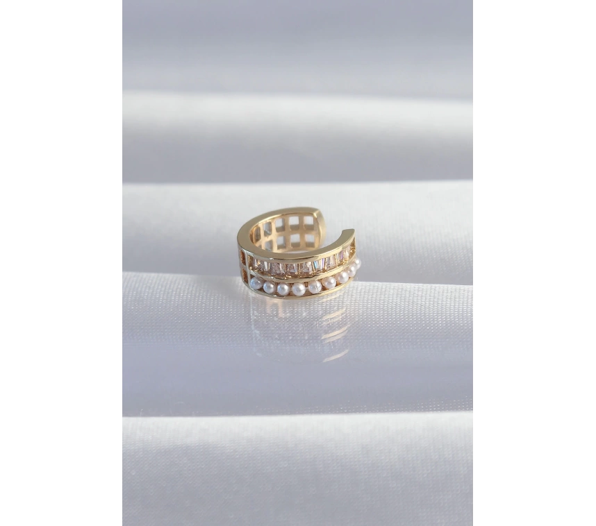 Pirinç Gold Renk İncili Baget Taşlı Earcuff Küpe