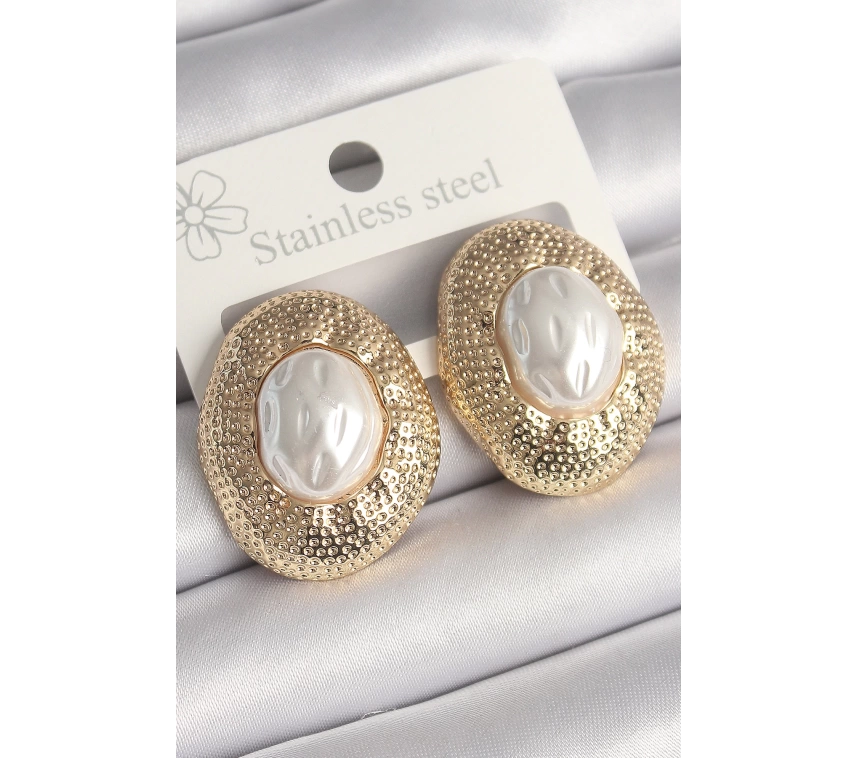 Pirinç Gold Renk İncili İşlemeli Daire Model Kadın Küpe