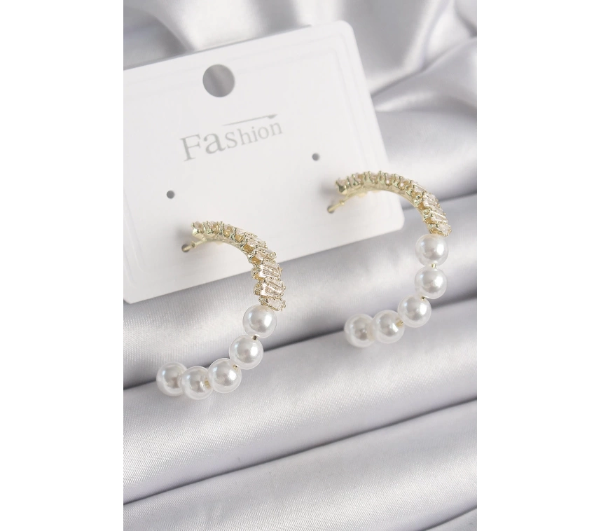 Pirinç Gold Renk İncili Zirkon Taşlı Halka Model Kadın Küpe