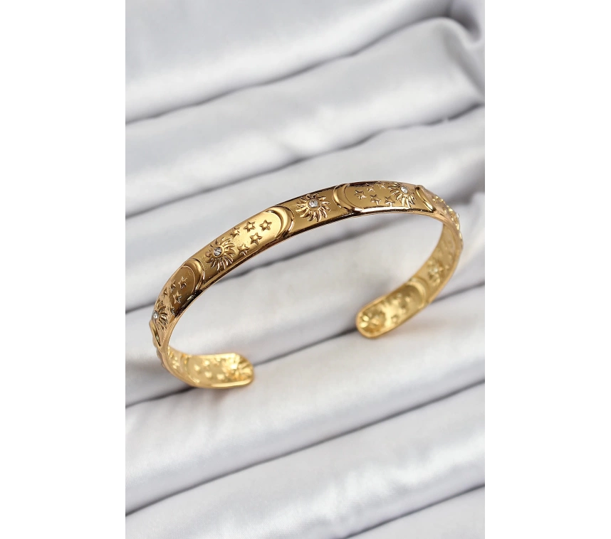 Pirinç Gold Renk İşlemeli Altı Açık Bileklik