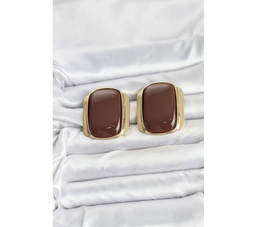 Pirinç Gold Renk Kahverengi Plaka Vintage Kadın Küpe
