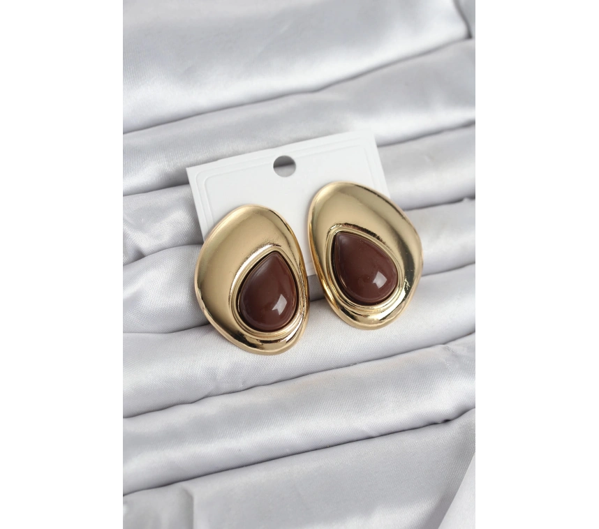 Pirinç Gold Renk Kahverengi Taşlı Damla Model Vintage Kadın Küpe