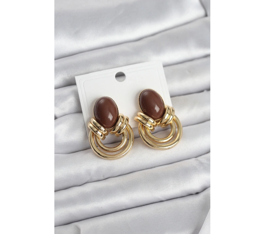 Pirinç Gold Renk Kahverengi Taşlı Vintage Kadın Küpe