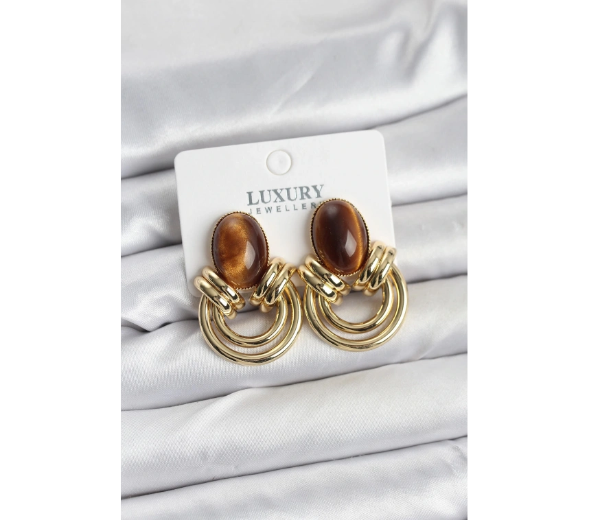 Pirinç Gold Renk Kahverengi Taşlı Vintage Kadın Küpe