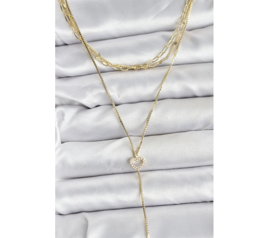 Pirinç Gold Renk Kalp Detaylı 3lü Kombin Y Kadın Kolye