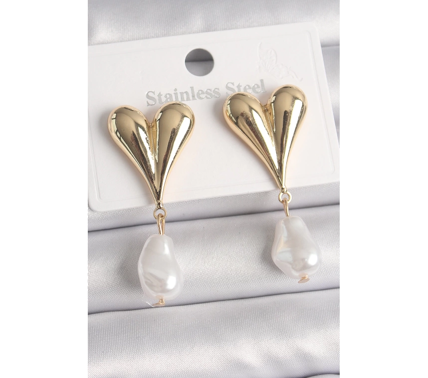 Pirinç Gold Renk Kalp Model Sallantı İnci Damla Model Kadın Küpe
