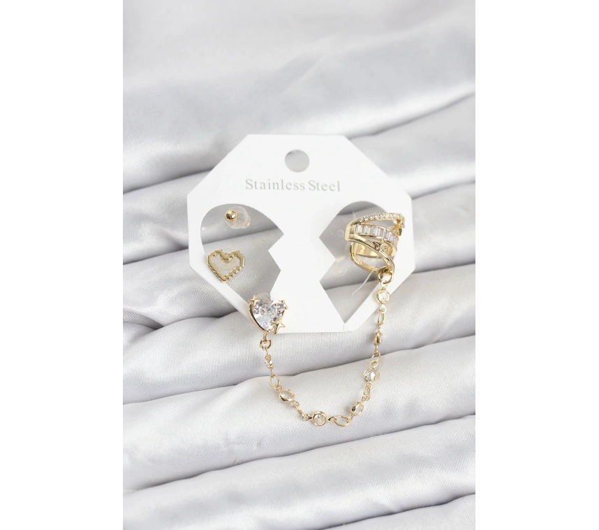 Pirinç Gold Renk Kalp Model Zincir Bağlantılı Ear Cuff Küpe Seti