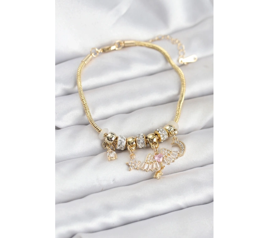 Pirinç Gold Renk Kanatlı Charmlı Kadın Bileklik