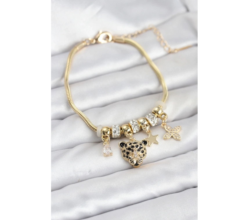 Pirinç Gold Renk Kaplan Model Charmlı Kadın Bileklik