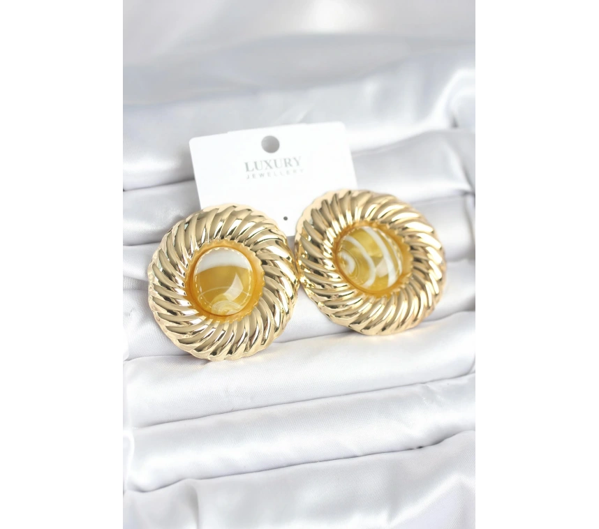 Pirinç Gold Renk Kehribar Boncuklu Vintage Kadın Küpe