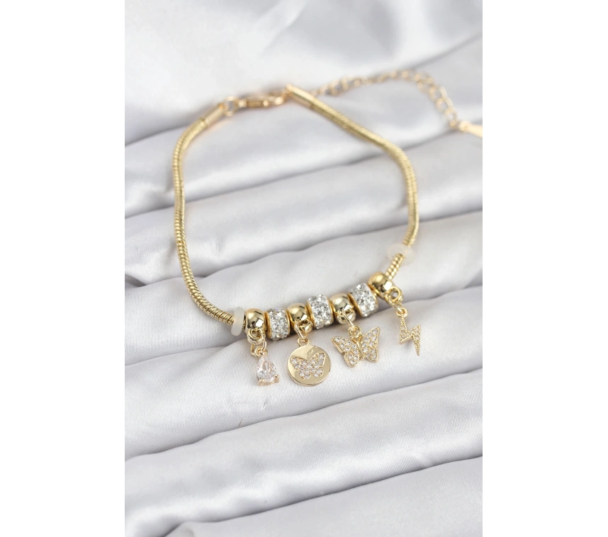 Pirinç Gold Renk Kelebek Charmlı Kadın Bileklik