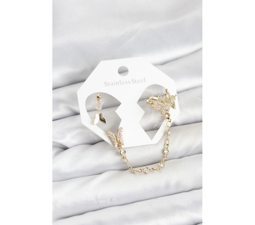 Pirinç Gold Renk Kelebek Model Zincir Bağlantılı Ear Cuff Küpe Seti