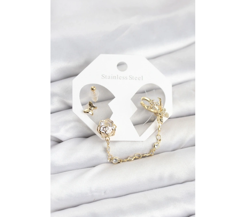 Pirinç Gold Renk Kelebekli Model Zincir Bağlantılı Ear Cuff Küpe Seti