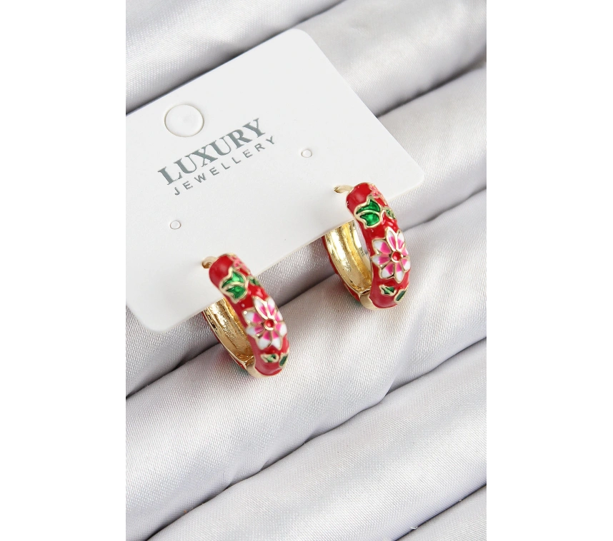 Pirinç Gold Renk Kırmızı Çiçek İşleme Mineli Kadın Küpe