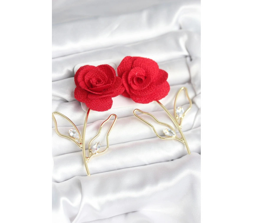 Pirinç Gold Renk Kırmızı Gül Model Kadın Küpe