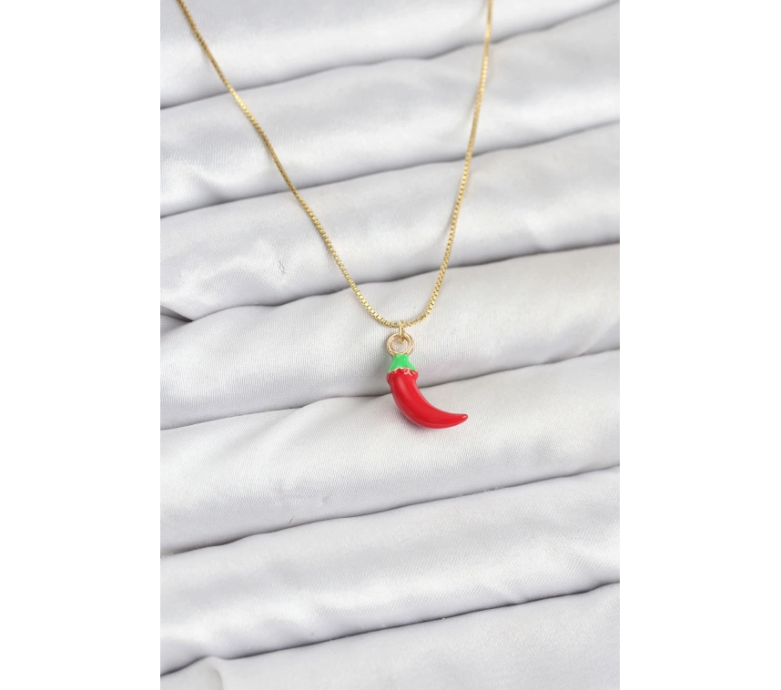 Pirinç Gold Renk Kırmızı Kapya Biber Model Kadın Kolye